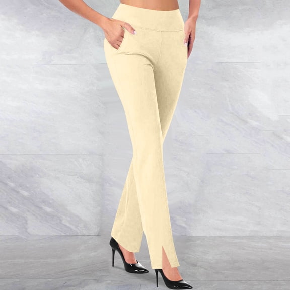 NTACZA High Waist Spring Pants for Women Slit Elastic Beige Officewear Solid Pants Ladies Pants S