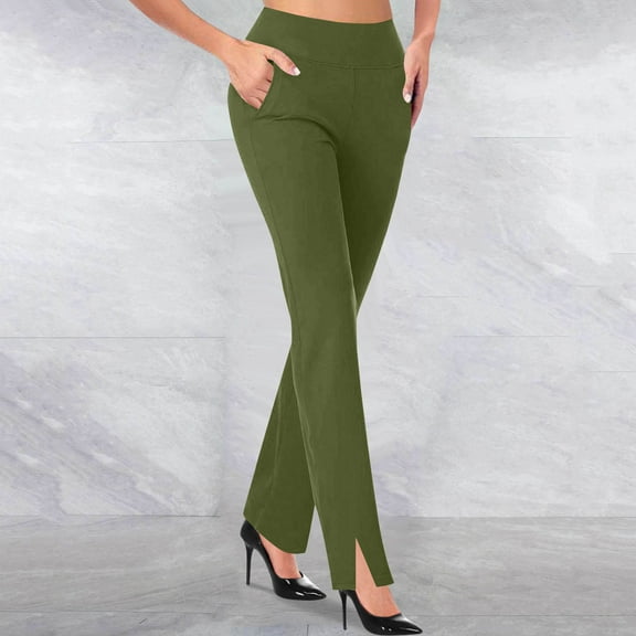 NTACZA High Waist Sweat Pants for Women Elastic Officewear Army Green Slit Solid Pants Scrubs Pants for Women L