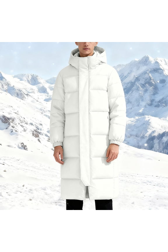 Hooded Men Winter Jacket Heavyweight Zip up White Puffer Jacket Mid Length Thermal Thick Long Coats Men Coats L