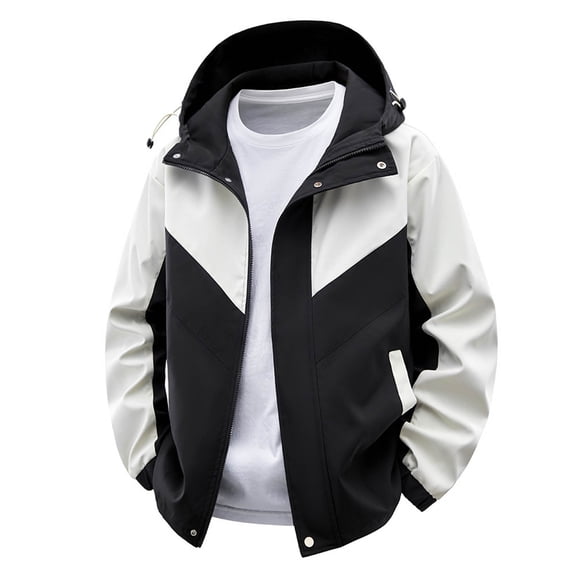 NTACZA Hooded Mens Jackets Winter Color Block Waterproof Beige Windbreaker Hiking Zip Up Coat Winter Coats for Man L
