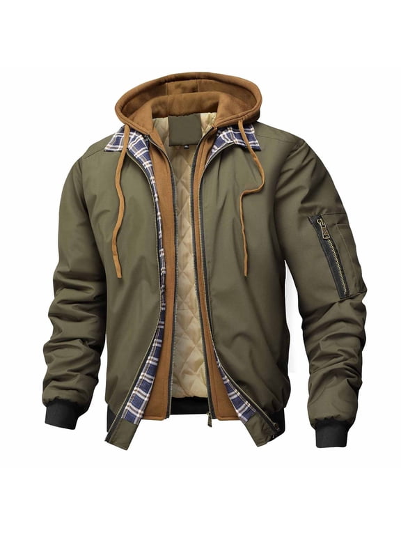 Hooded Mens Jackets Winter Thick Cargo Green Bomber Jacket Patchwork Zip Up Quilted Lined Coat Mens Coats Winter XL