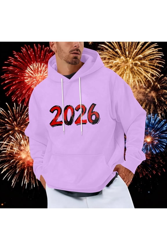 Hoodies Mens Pullover Purple Graphic New Years Sweatshirts Holiday Drawstring Hooded Mens Sweatshirts 3X
