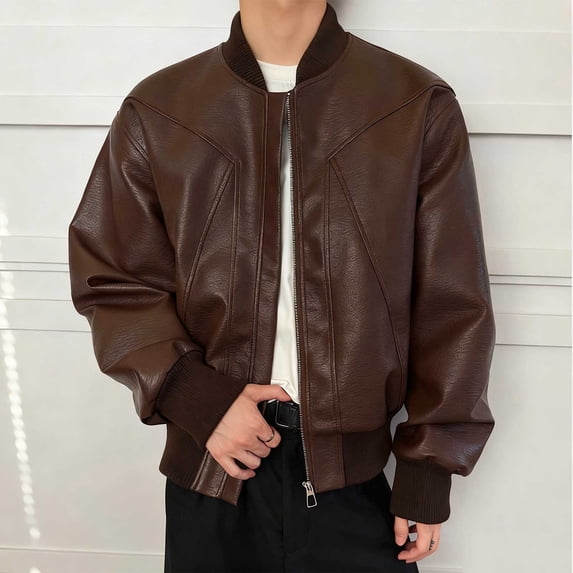 NTACZA Jackets for Man Faux Leather Motorcycle Brown Fleece Bomber Jacket Moto Pu Vintage Coat Coats for Men M