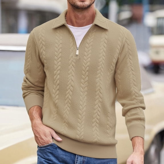 NTACZA Jacquared Mens Shirts Solid Quarter Zip Yellow Polos Thick Regular Fit Men Long Sleeve Shirts XL