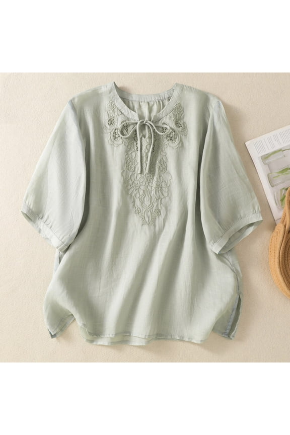 Keyhole Neck Cute Summer Tops for Women Dolman Embroidered Casual Elbow-Length shirts Knot Front for Wedding womens blouses dressy casual