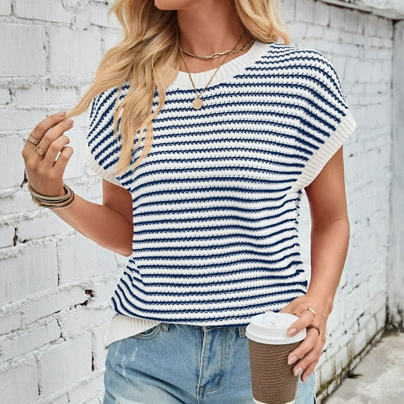 NTACZA Knitted Cotton Scrub Tops Women Short Sleeve Blue Striped Crew Neck Batwing Tank Sweater Shirt Women