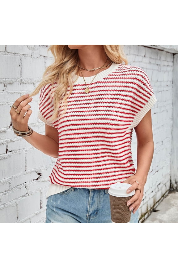 Knitted Cotton Womans Tops Red Striped Short Sleeve Crew Neck Batwing Tank Sweater Teens Shirts