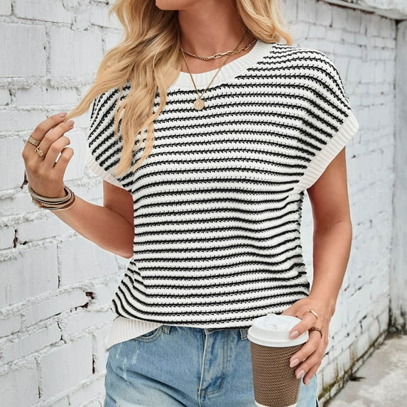 NTACZA Knitted Cotton Womens Spring Tops Striped White Crew Neck Batwing Tank Sweater Shirts for Girls