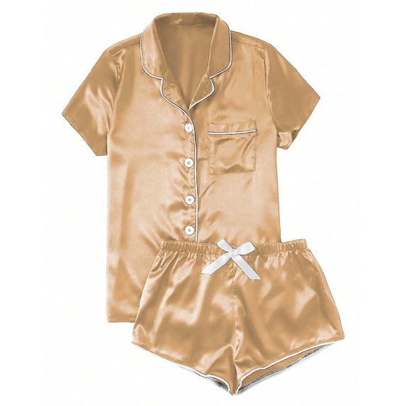 NTACZA Ladies Pajamas Satin Top and Shorts Sleepwear Sets Button up Notch Collar Loungewear Silky Solid 2 Piece Beige L