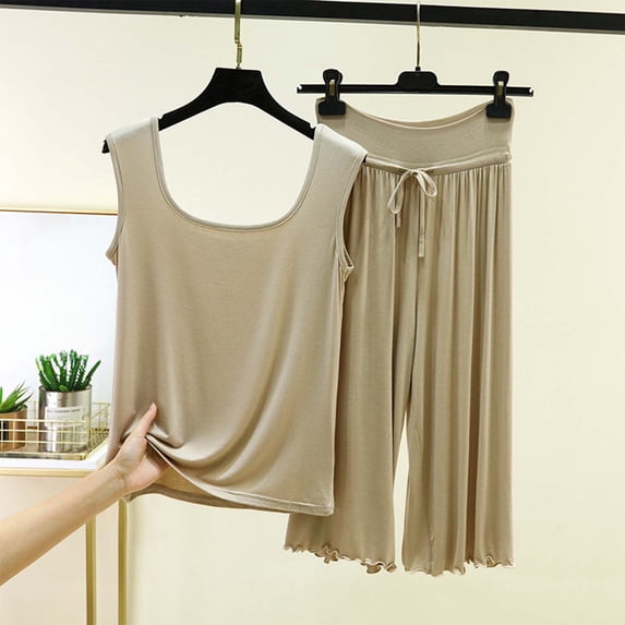 NTACZA Ladies Pajamas Square Neck Modal Sleepwear Sets Tank Top and Capris Pants Soft Solid Homewear 2 Piece Ruffle Nightwear Beige L