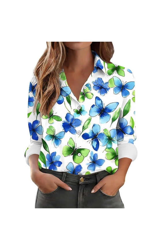 Ladies Summer Tops Casual Shirts Butterfly Button Down Collared Long Sleeve Blouson Blouse Relaxed Fit Office Wear White