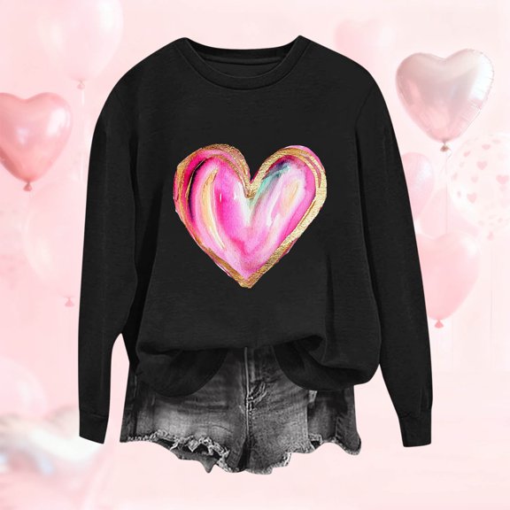 NTACZA Ladies Tops Black Crewneck Long Sleeve Valentine's Day Sweatshirt Basic Love Heart Loose Fit Shirts for Women S