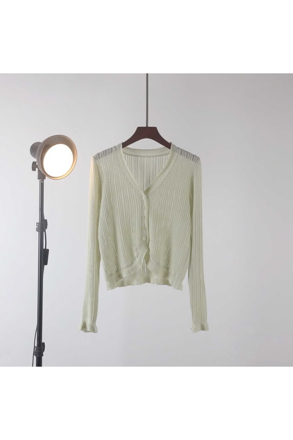 Lightweight Light Weight Cardigan Women Solid Button Front Long Sleeve Flutter Work Regular Sweater Green