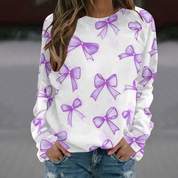 NTACZA Long Sleeve Basic Tops for Woman Purple Pullover Crew Neck Bow Print Blouses Lady Blouses XL