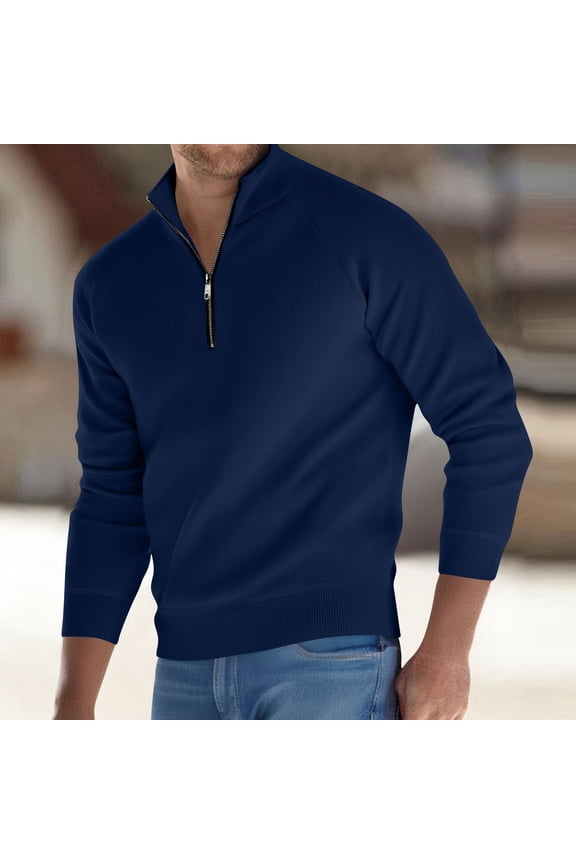 Long Sleeve Men Sweaters Quarter Zip Blue Mock Neck Sweatshirt Solid Thicken Raglan Sweaters Mens Jumpers XL