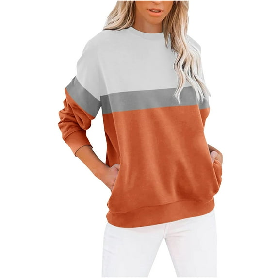 NTACZA Long Sleeve Plus Size Sweatshirts Women Orange Colorblock Crew Neck Sweatshirts Sweatshirt for Girls M