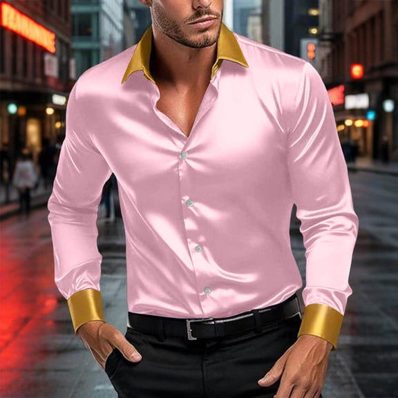 NTACZA Long Sleeve Shirt for Men Solid Pink Disco Button Down Shirt Classic Fit Party Men's Satin Shirts M