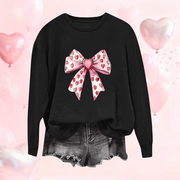 NTACZA Long Sleeve Tops Women Valentine's Day Black Cute Sweatshirt Funny Plus Size Bow Print Womens Shirt S