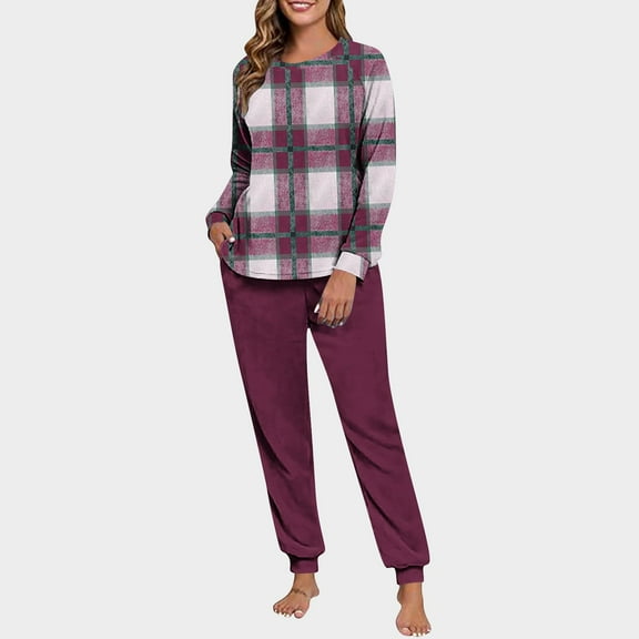 NTACZA Long Sleeve Women Pj Sets Thermal Fleece Sleepwear Set Raglan Tops Joggers Plaid Womens Pjs Lounge Set L