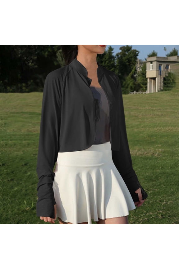 Long Sleeve Women's Cardigans Solid Sun Protection Button Front Cropped Mitten-Cuff Regular Golf Cardigan Black