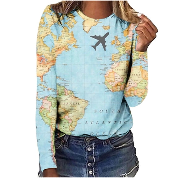 NTACZA Long Sleeve Women's Tops Light Blue Graphic Prints Crewneck Tees Fun Shirts for Women M