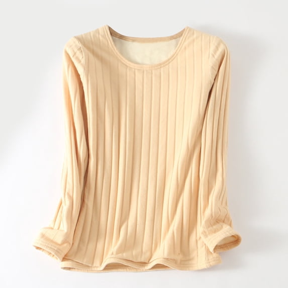 NTACZA Long Sleeve Womens Holiday Tops Cotton Beige Solid Round Neck Thermal Tops Shirts Women 2x