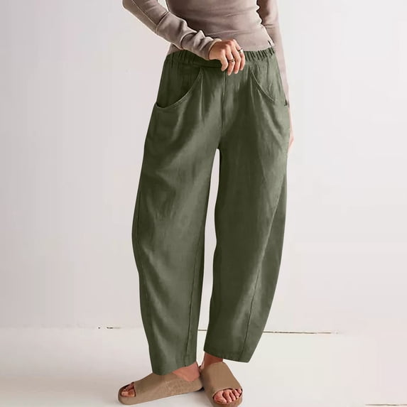 NTACZA Loose Women's Pants Green Comfy Cotton Linen Pants Soft Elastic Waist Lightweight Loungewear Womens Trousers L