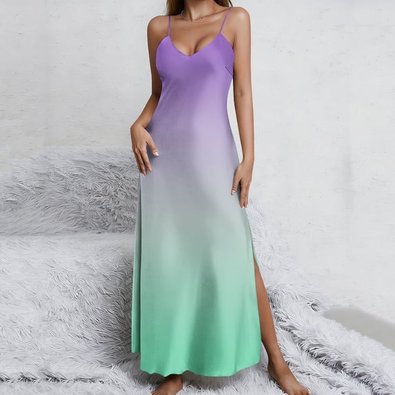 NTACZA Maxi Womens Dresses Spaghetti Strap V Neck Cami Dress Ladies Sleeveless Split Ombre Slip Dresses L