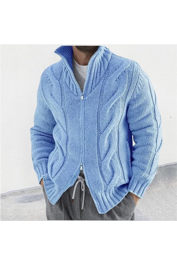 Men Fall Sweaters Cable Knit Blue Mock Neck Zip Up Sweater Cardigan Classic Fit Solid Knit Jacket Jumper Men XL