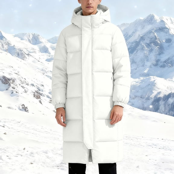 NTACZA Men Jacket with Hood Heavyweight White Zip up Puffer Jacket Thermal Mid Length Thick Long Coats Coats for Men XL