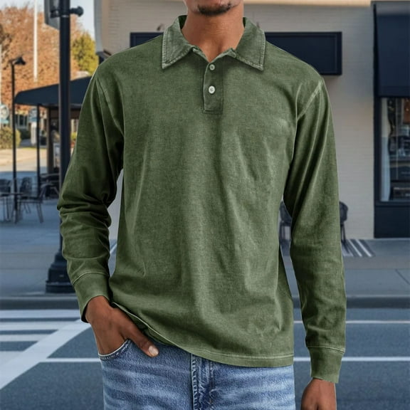 NTACZA Men Shirt Distressed Cotton Solid Green Polos Button up Men's Loose Fitting Long Sleeve Pullover Tees L