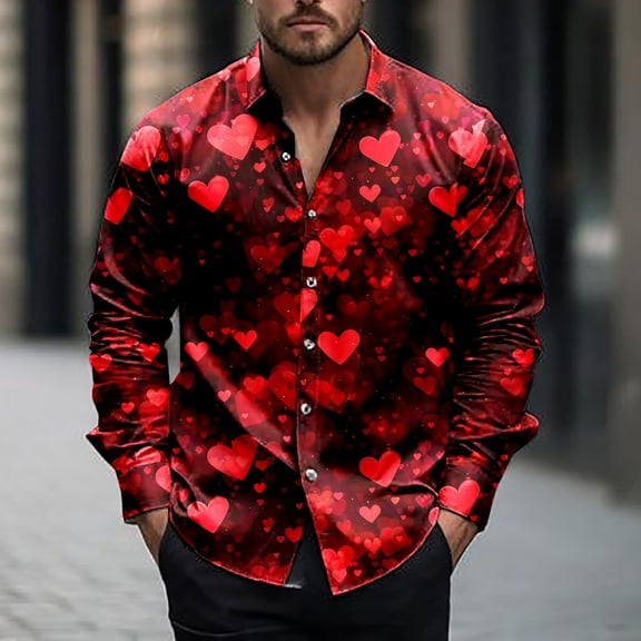 NTACZA Men Shirts Collared Valentines Day Red Stretch Button Down Shirt Long Sleeve Heart Print Holiday Tee Shirts Men 2X