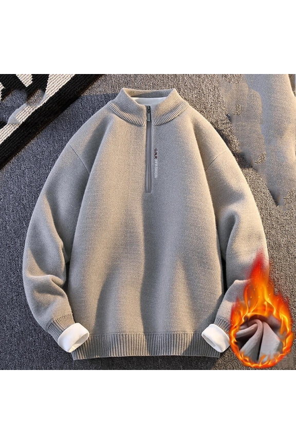 Men Sweater Mock Neck Fleece Gray Quarter Zip Sweater Solid Knit Thicken Pullover Men Jumper 2XL
