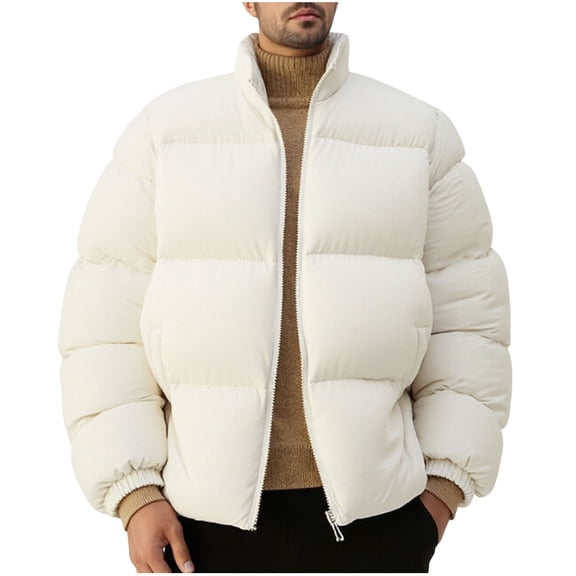 NTACZA Men's Jacket Zip up Beige Thick Stand Collar Puffer Jacket Isulated Long Sleeve Heavyweight Puffy Coats for Man L