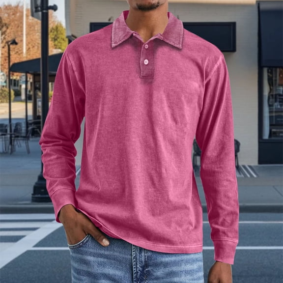 NTACZA Mens Big and Tall Shirts Pink Cotton Solid Distressed Polos Men Loose Fitting Button Long Sleeve Pullover Tees XXXXL