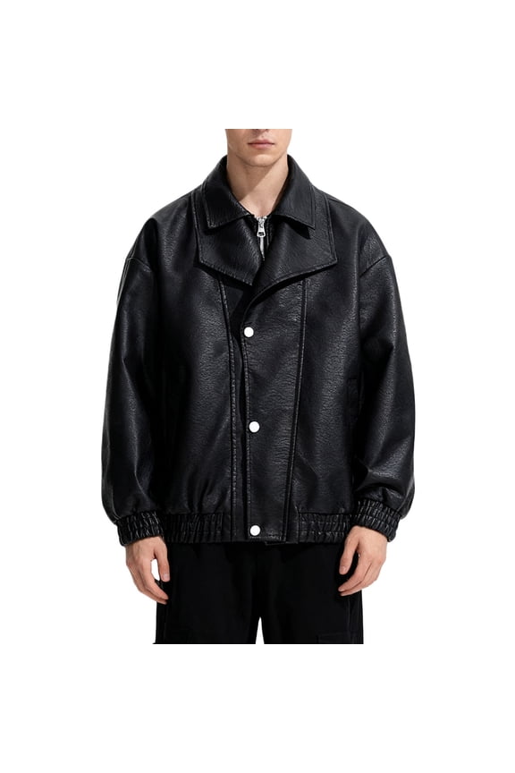 Mens Jacket Faux Leather Vintage Black Motorcycle Jacket Pu Full Zip Bicycle Outerwear Coats for Men L