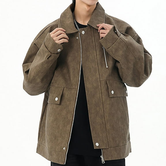 NTACZA Mens Jacket Vintage Faux Leather Brown Motorcycle Jacket Zip Up Pu Lapel Coats Fall Men Coats M