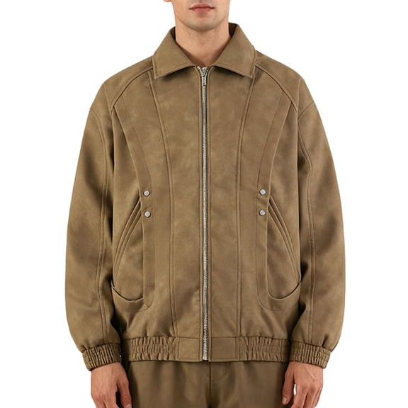 NTACZA Mens Jacket Winter Faux Suede Brown Motorcycle Vintage Jacket Bicycle Full Zip Lapel Coats Men's Winter Coats L