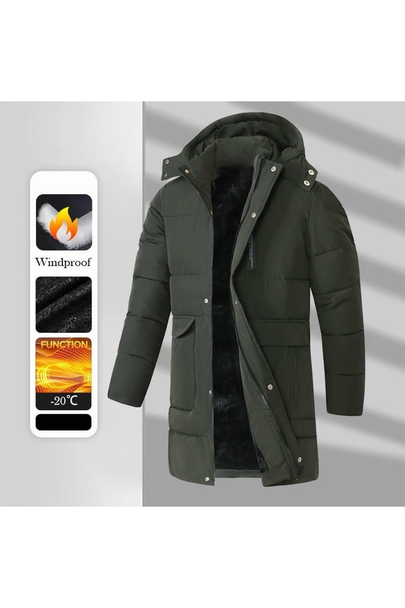 Mens Jacket Zip up Fleece Lined Green Hooded Puffer Jacket Detachable Thick Mid Length Long Coats Men's Coats XXL