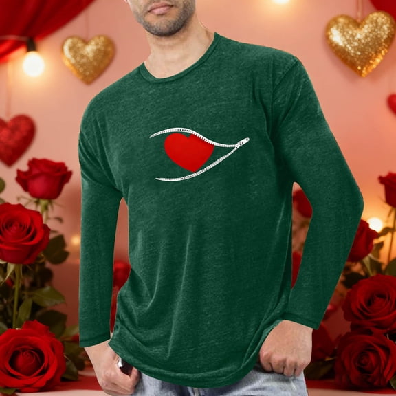 NTACZA Mens Long Sleeve Tee Shirts Pajama Valentine's Day Green Crewneck T Shirt Pullover Holiday Graphic Tees Men L