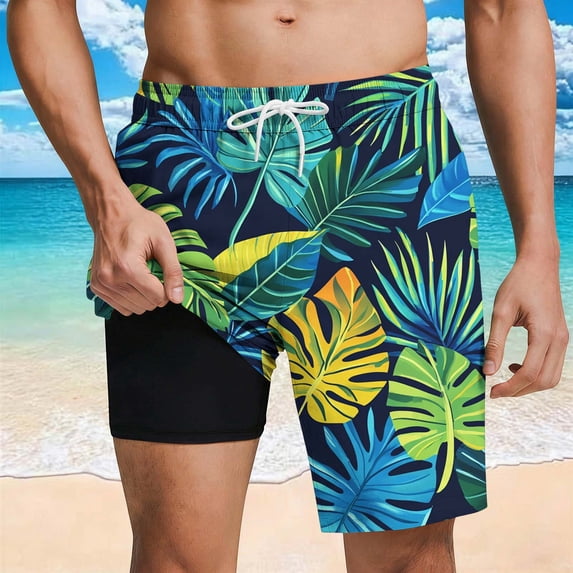 NTACZA Mens Shorts Compression Liner Stretch Beach Shorts Tropical Drawstring Trunks for Men L