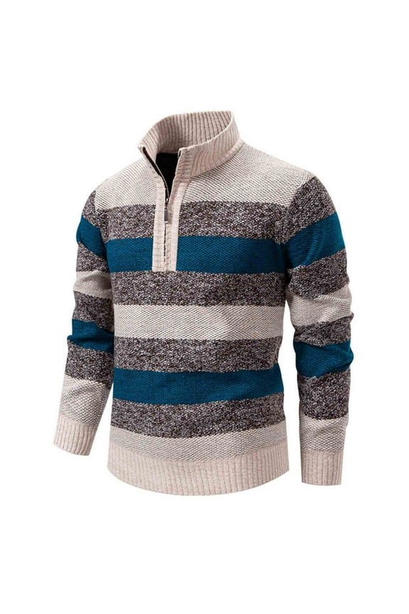 Mens Sweaters Beige Quarter Zip Striped Mock Neck Sweaters Stretch Slim Fit Long Sleeve Polos Jumper Men L