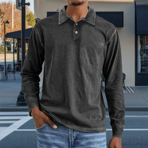NTACZA Mens Work Shirts Distressed Cotton Solid Black Polos Button Long Sleeve Loose Fitting Pullover Tees for Men M