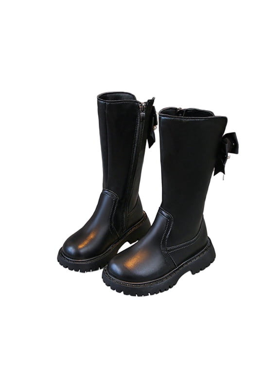 Mid-Calf Kids Boots Girls Black Round Toe Dress Slip-On Side Zipper Non-Slip PU High-Top Boots Kids Shoes Girls 31