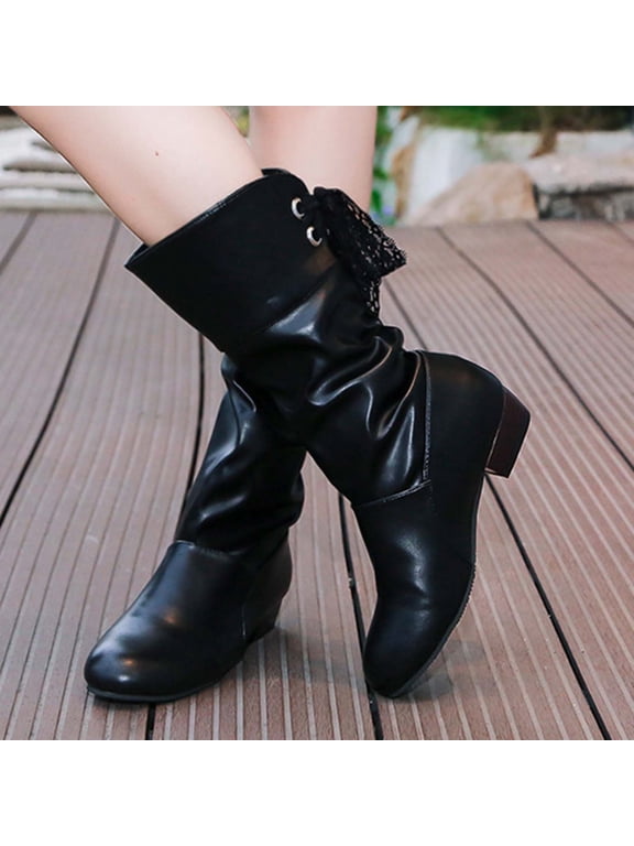Mid-Calf Women Boots Footwear Black Wide Calf Slouch Faux Leather Lace-up Low Heel Boots Woman Shoes 42