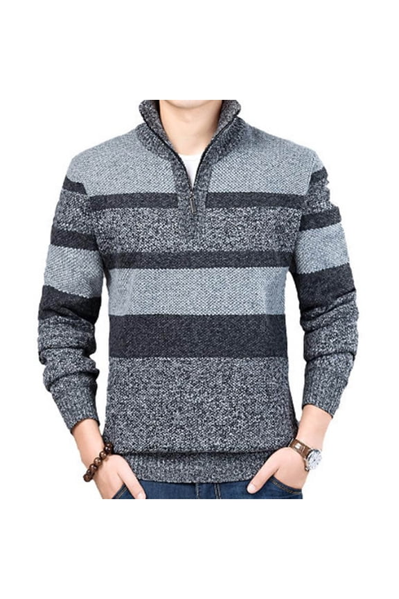 Mock Neck Fall Sweaters Men Quarter Zip Color Block Gray Sweaters Knit Slim Fit Pullover Mens Jumpers M