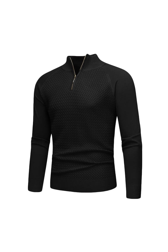 Mock Neck Mens Sweaters Quarter Zip Slim Fit Black Sweater Stand Collar Waffle Knit Pullover Mens Jumpers 2XL