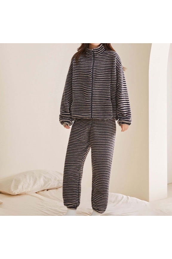 Mock Neck Pajama Sets Women Zip Up Fleece Pajama Sets Striped Thick Fuzzy Womens Set Lounge L