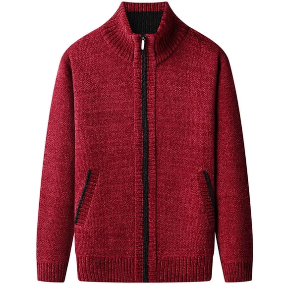 NTACZA Mock Neck Sweater for Men Red Fleece Lined Zip Up Sweater Cardigan Solid Stand Collar Knit Jacket Men Jumper XL