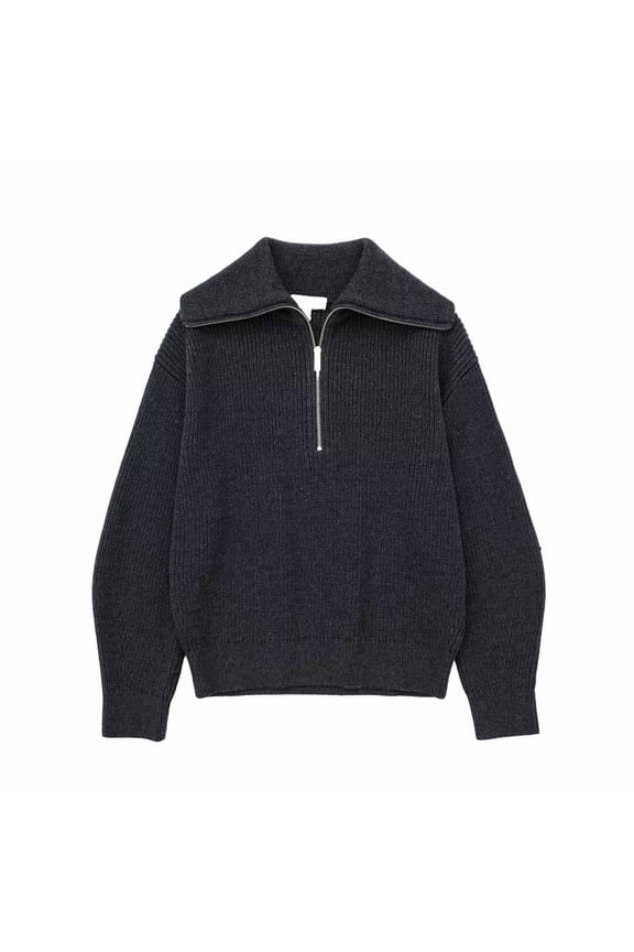 Mock Neck Sweaters for Women Gray Basic Quarter Zip Sweaters Loose Pullover Solid Polos Women's Jumper S